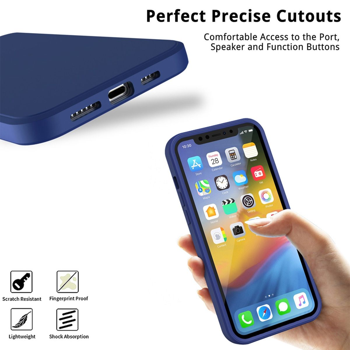 Blaue Handyhülle mit Telefon darin. Hand berührt das Telefon. Text: Perfekte präzise Aussparungen.
