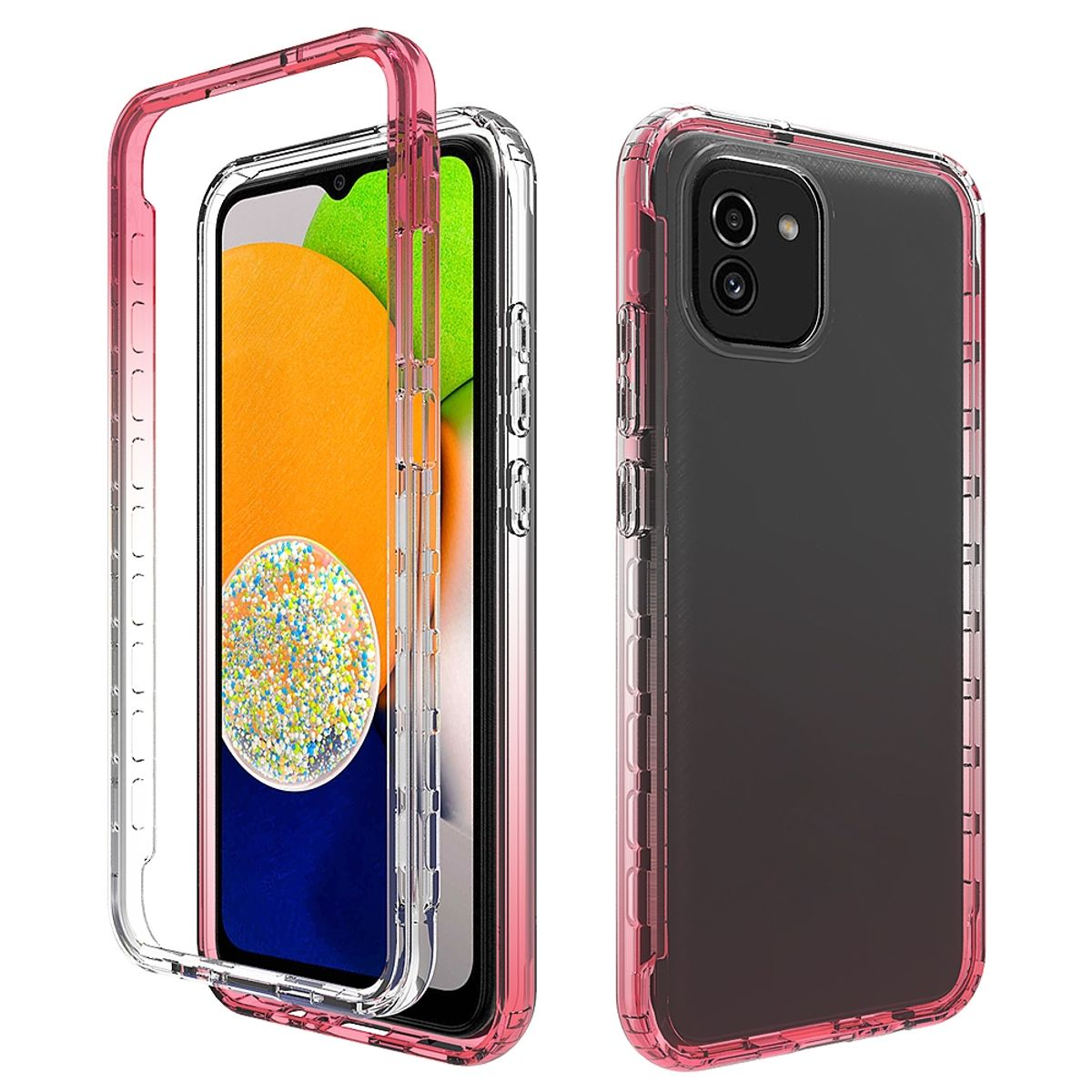 Transparente Handyhülle mit rosa Rändern, zeigt das Telefon im Inneren. Zweiteilig.
