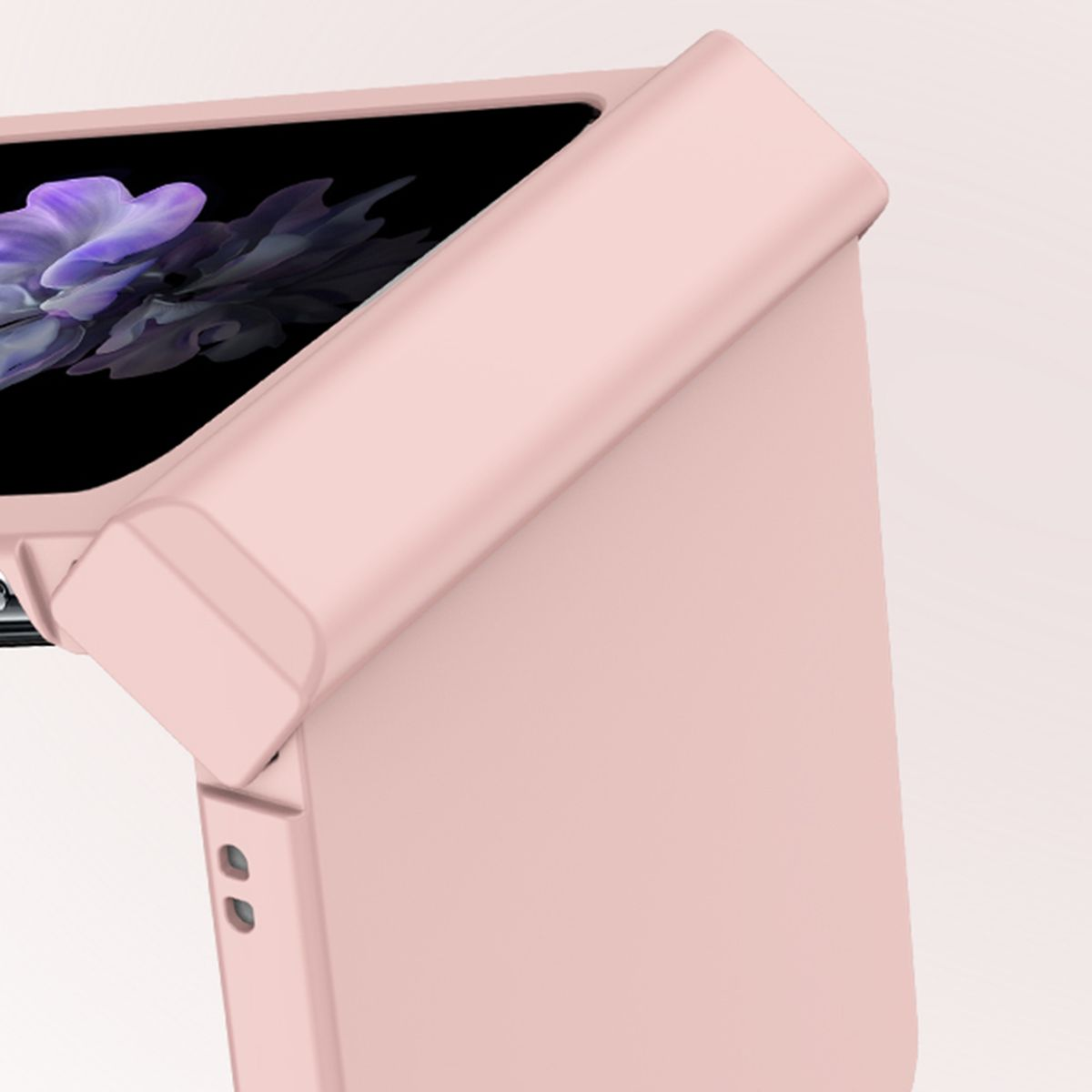 Rosa Handyhülle mit Telefon darin. Hellrosa Hintergrund.