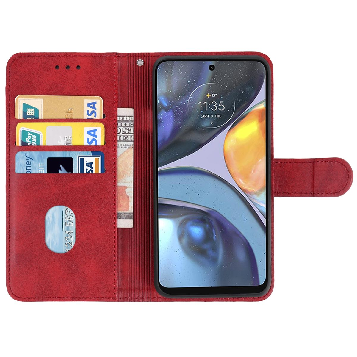 Rote Handyhülle mit Karten und Handy. Das Handy zeigt Uhrzeit und gelben Hintergrund.