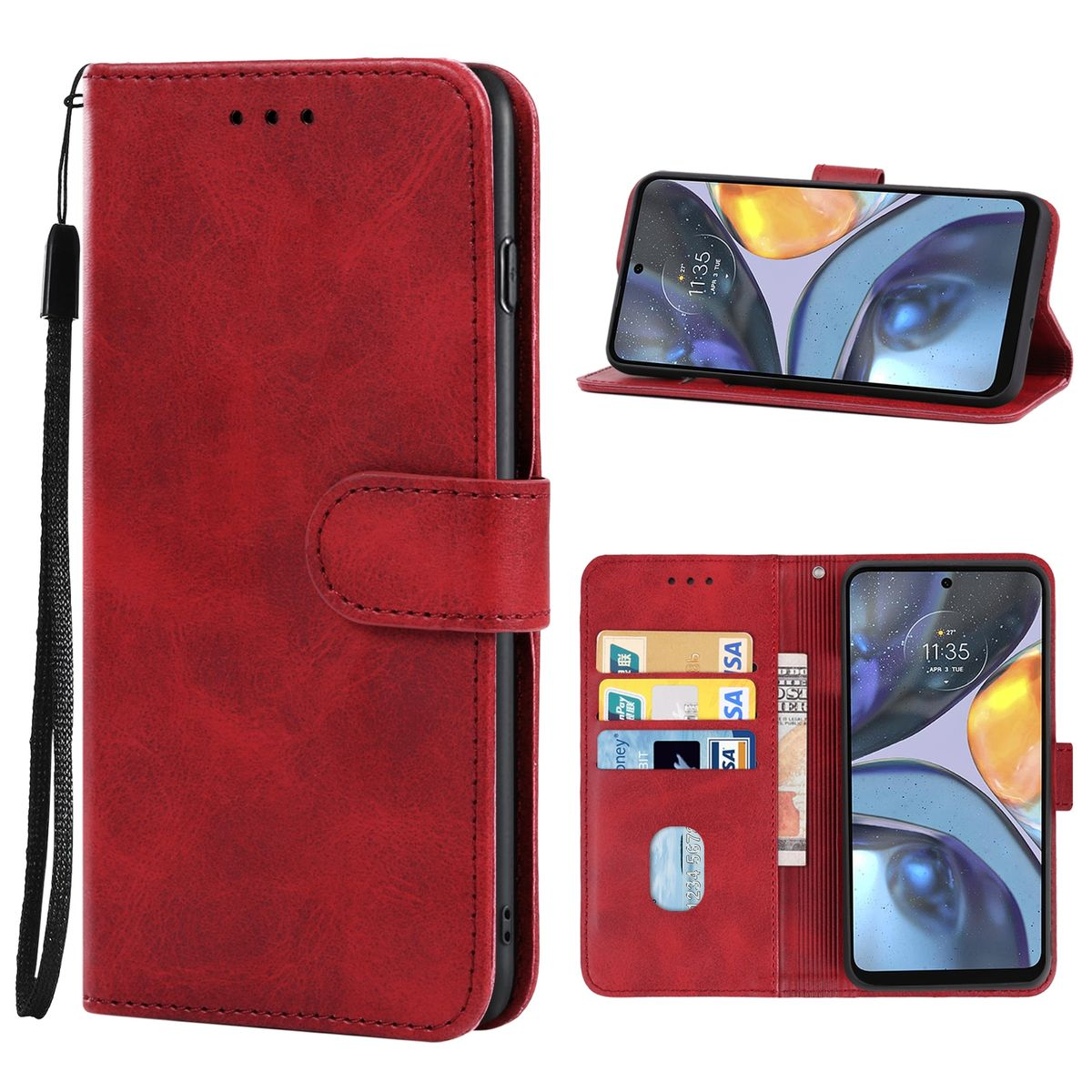 Rote Handyhülle mit Telefon. Mehrere Ansichten. Geöffnet und geschlossen. Mit Riemen und Karten.