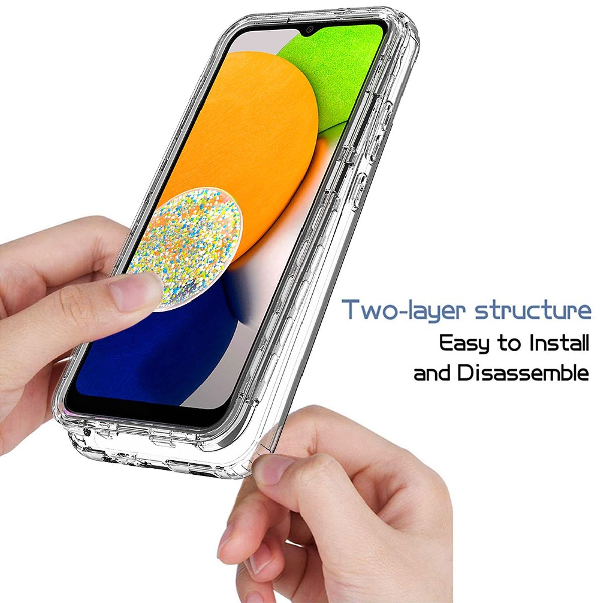 Eine durchsichtige Handyhülle wird gehalten und zeigt ein Telefon mit einem orange-gelben Design auf dem Bildschirm.