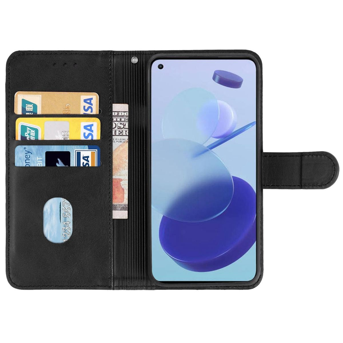 Schwarze Brieftaschen-Handyhülle, mit Telefon, Karten und Bargeld darin.