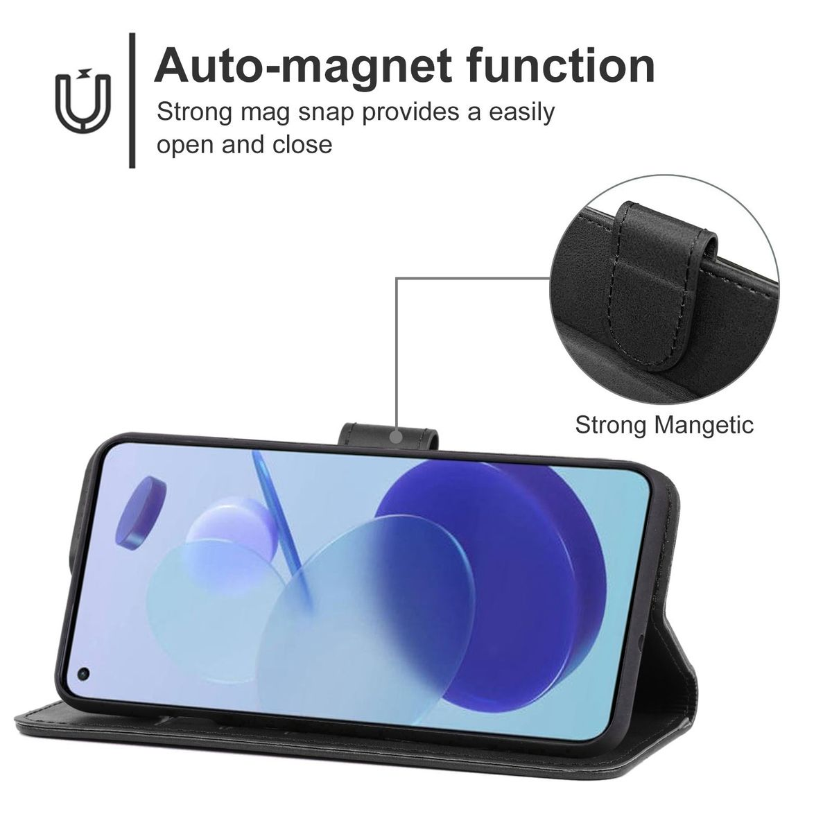 Ein schwarzes Telefon in einer schwarzen Hülle. Nahaufnahme des Magnetverschlusses der Hülle.