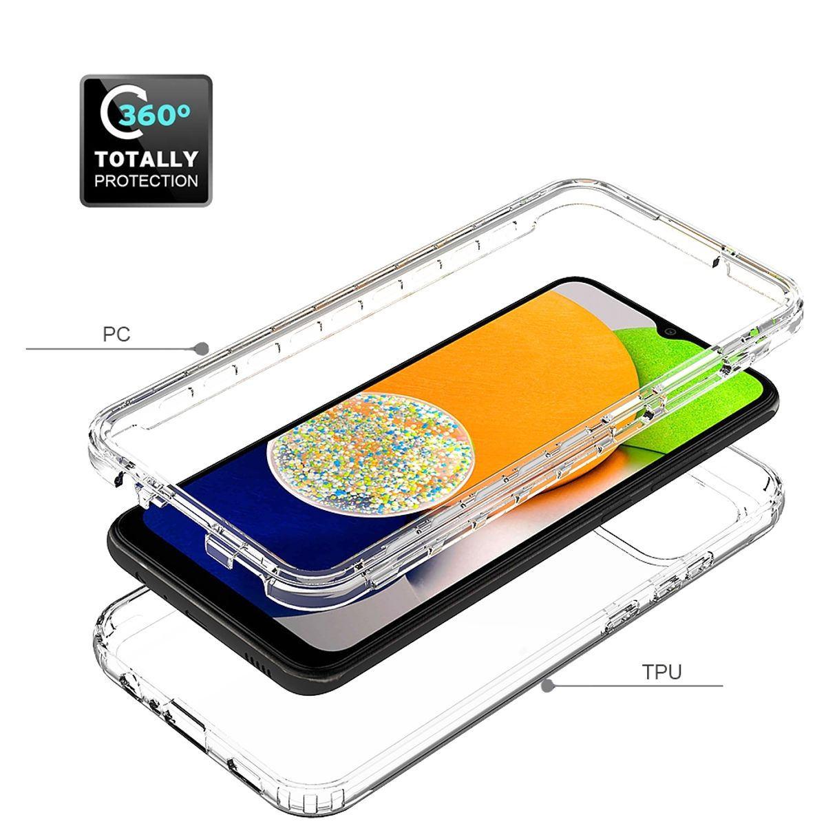 Transparente Handyhülle aus PC und TPU, zeigt ein mehrschichtiges Design.