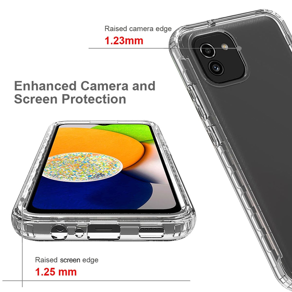 Transparente Handyhülle mit einem Telefon darin. Die Hülle hat erhöhte Kanten für Kamera- und Bildschirmschutz.