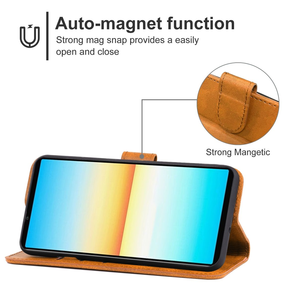 Braune Handyhülle, offen, mit einem Telefon darin. Es hat einen Magnetverschluss und ein Telefon auf Weiß.