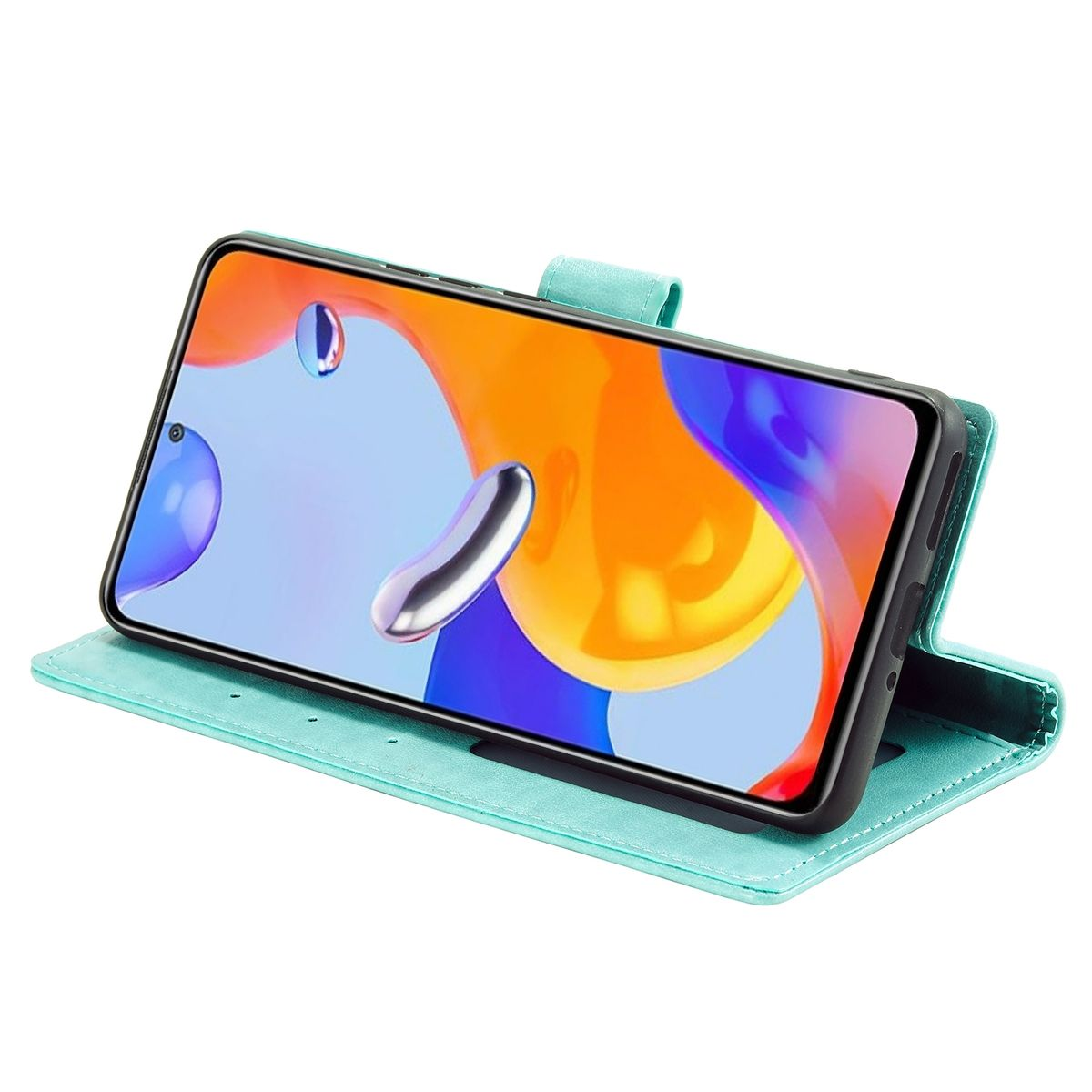 Mintfarbene Handyhülle mit Telefon im Inneren. Weißer Hintergrund.