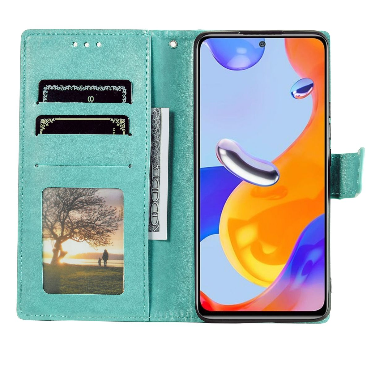 Türkis Handyhülle, offen, mit Telefon, Karten und Geld. Das Telefon zeigt abstrakte Kunst.