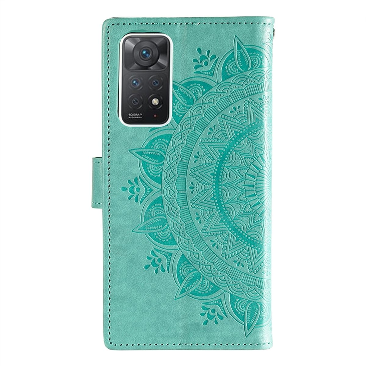 Türkisfarbene Handyhülle mit einem Telefon mit einem dekorativen Mandala-Design. Weißer Hintergrund.
