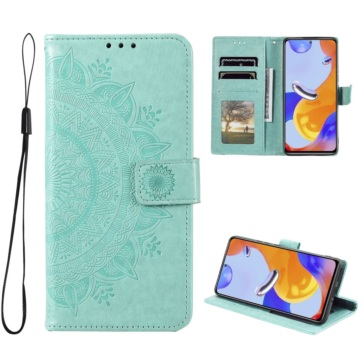 Minzgrüne Handyhülle mit Mandala-Design. Telefon innen, mit Kreditkartenfächern und Riemen.