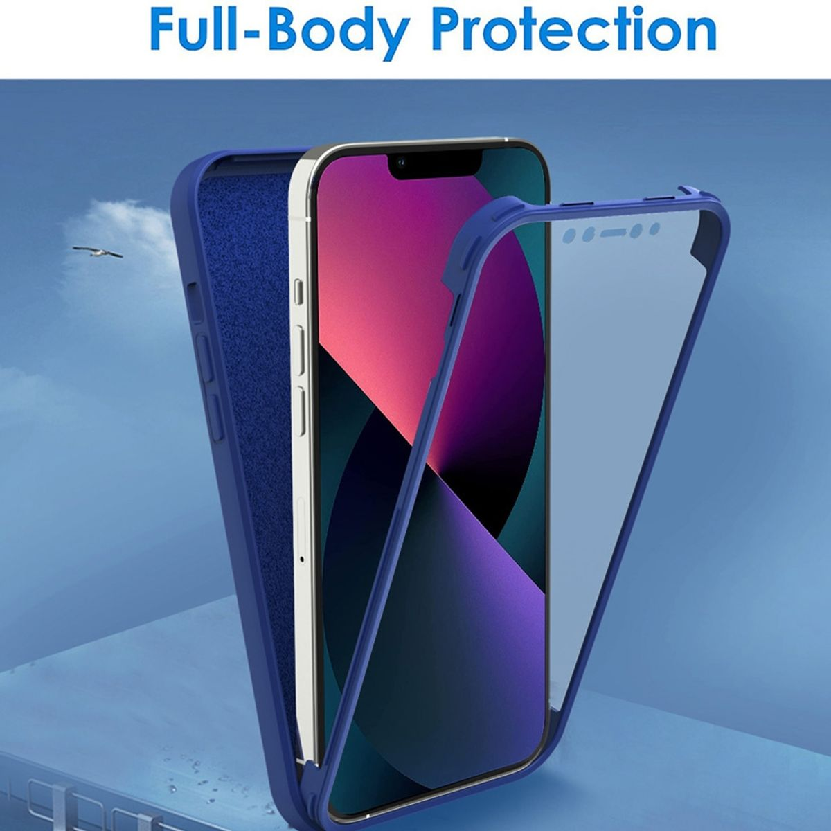Blaue Handyhülle mit dem Telefon darin. Die Handyhülle ist geöffnet und blau.