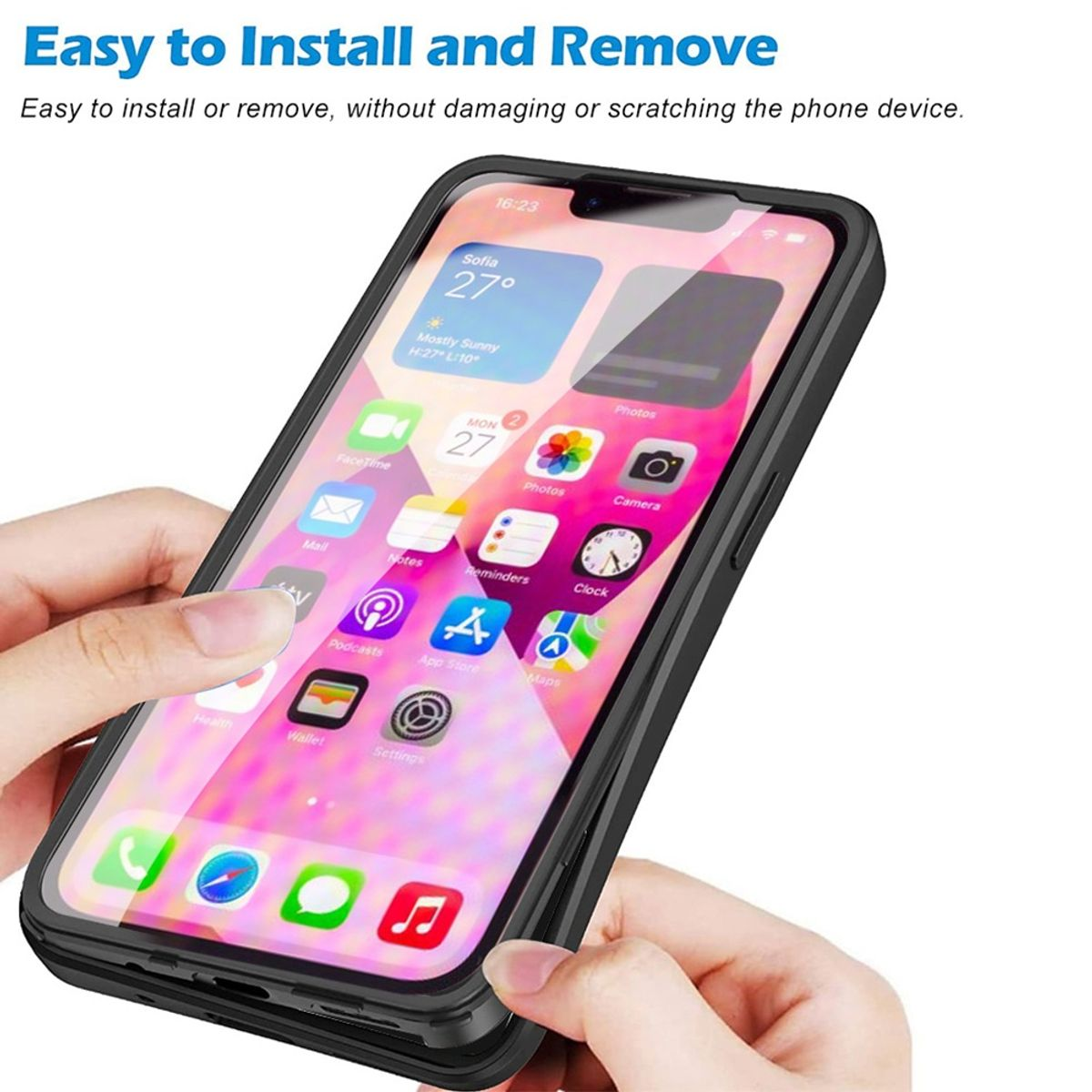 Schwarze Handyhülle auf einem Telefon. Telefon ist geöffnet. Zeigt Wetter-App. Weißer Hintergrund.