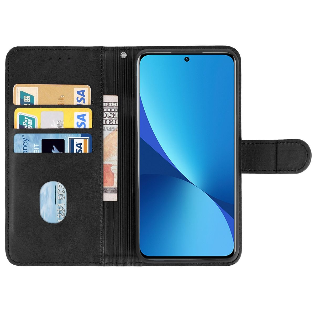 Schwarze Handyhülle offen, zeigt Telefon mit Karten und Bargeld in den Taschen.