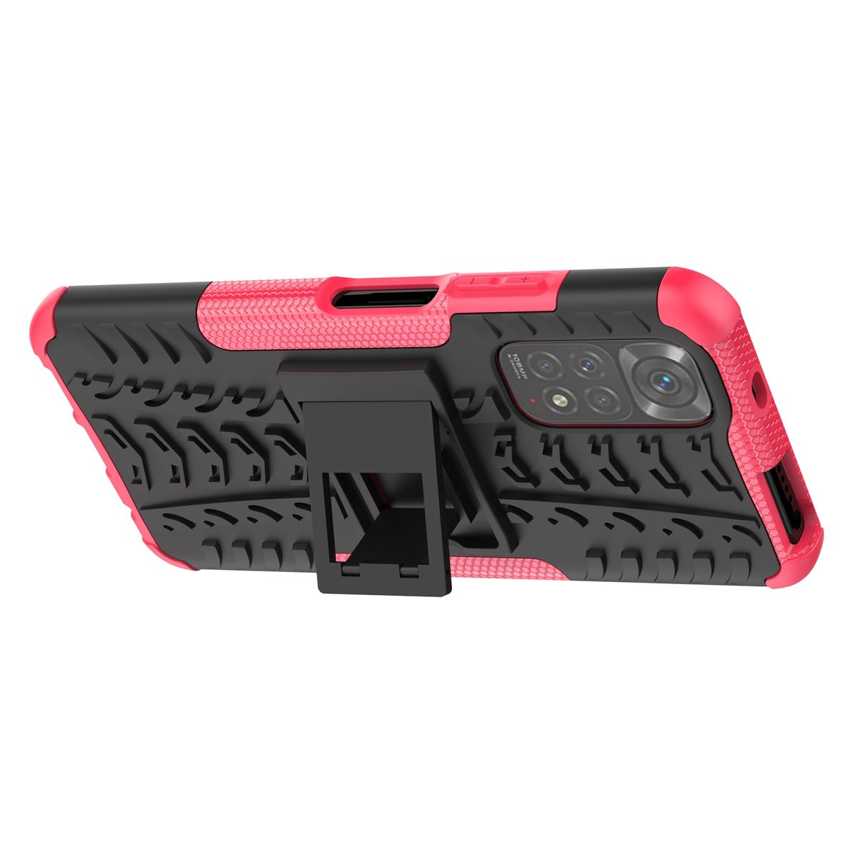 Rote und schwarze Handyhülle mit Ständer, Telefon in einem Winkel.
