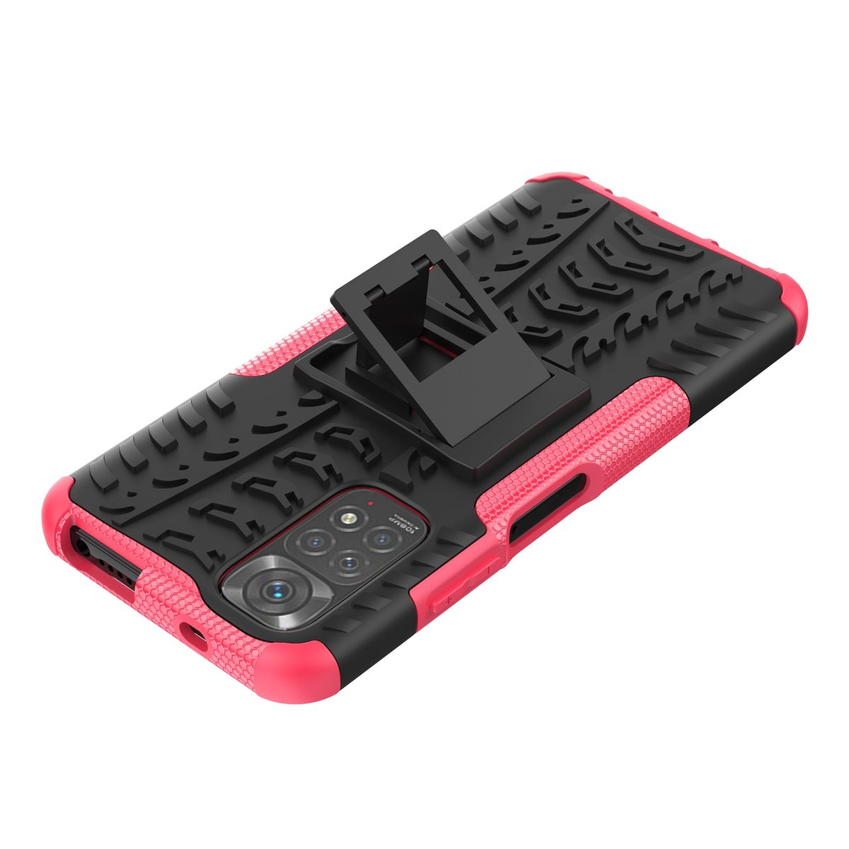 Rote und schwarze Handyhülle mit Ständer und strukturiertem Design, auf weißem Hintergrund.