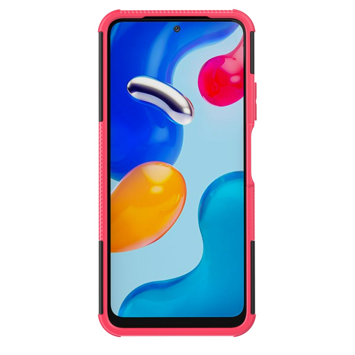 Rosa Handyhülle mit Telefon darin. Abstrakte Formen im Hintergrund. Weißer Hintergrund.