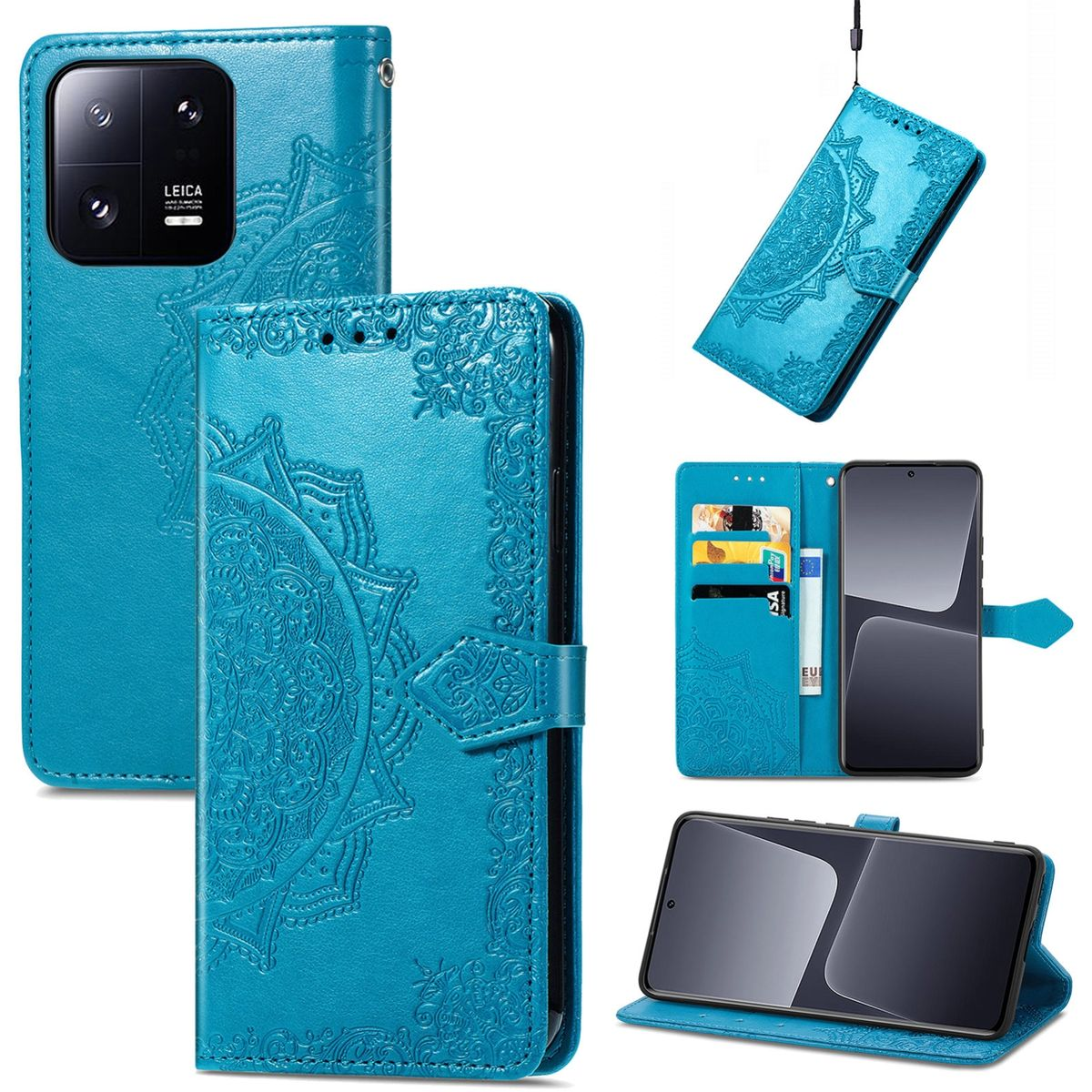 Blaue Leder-Handyhülle mit Mandala-Design. Zeigt Telefon in Hülle und offen, mit Kartenfächern.