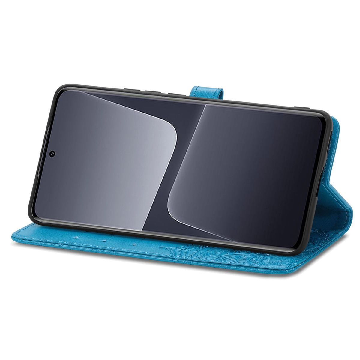 Eine blaue Handyhülle mit einem Telefon darin. Das Telefon zeigt einen Bildschirm mit weißem und grauem Design.
