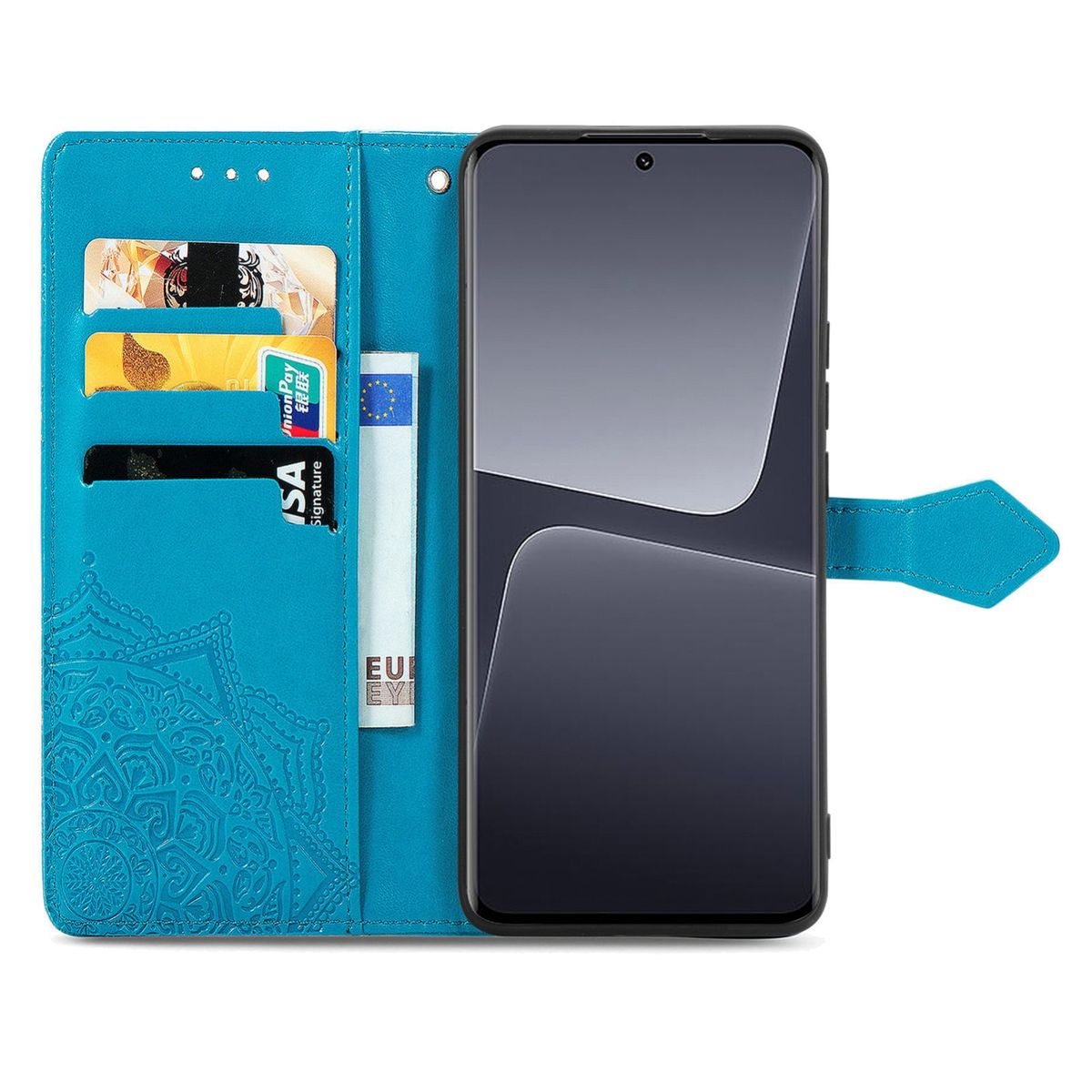 Blaue Handyhülle geöffnet, zeigt ein Telefon, Kreditkarten und ein florales Design.