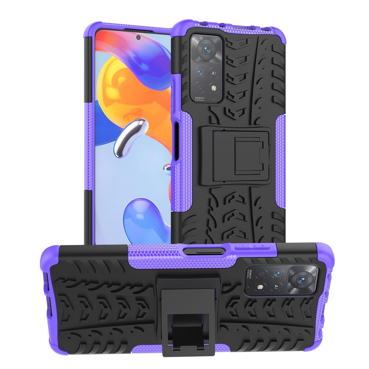 Lila und schwarze Handyhülle. Es hat einen Ständer und ein strukturiertes Design. Der Telefonbildschirm ist sichtbar. Drei Ansichten.