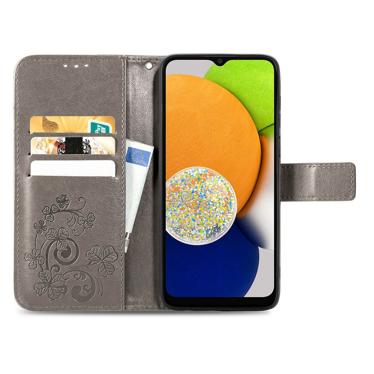 Graue Handyhülle mit Blumendesign und Karten, offen. Telefon zeigt orange-blauen Bildschirm.