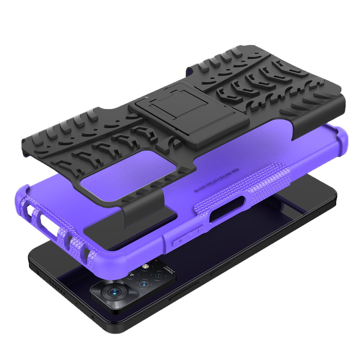 Violette Handyhülle mit Telefon. Zeigt die Komponenten einer Handyhülle.