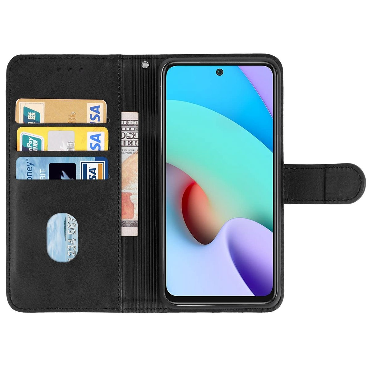 Schwarze Handyhülle offen mit Karten, Geld und Telefon. Telefon hat farbenfrohes Display.