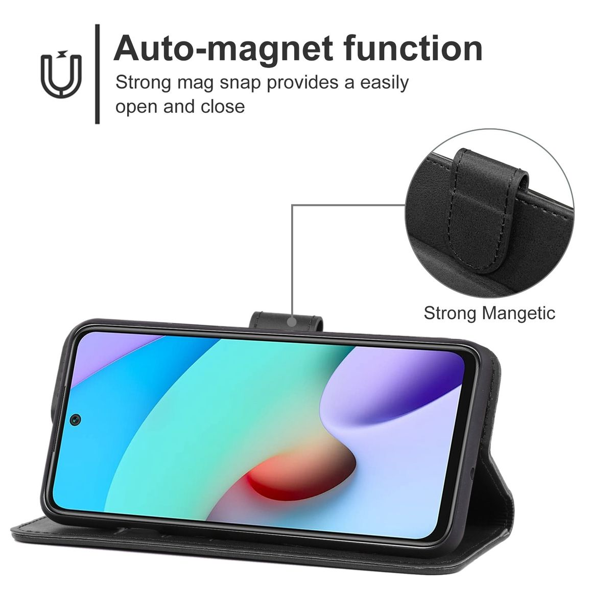 Geöffnete schwarze Handyhülle mit Telefon. Text: 'Auto-Magnetfunktion' und 'Strong Mangetic'.