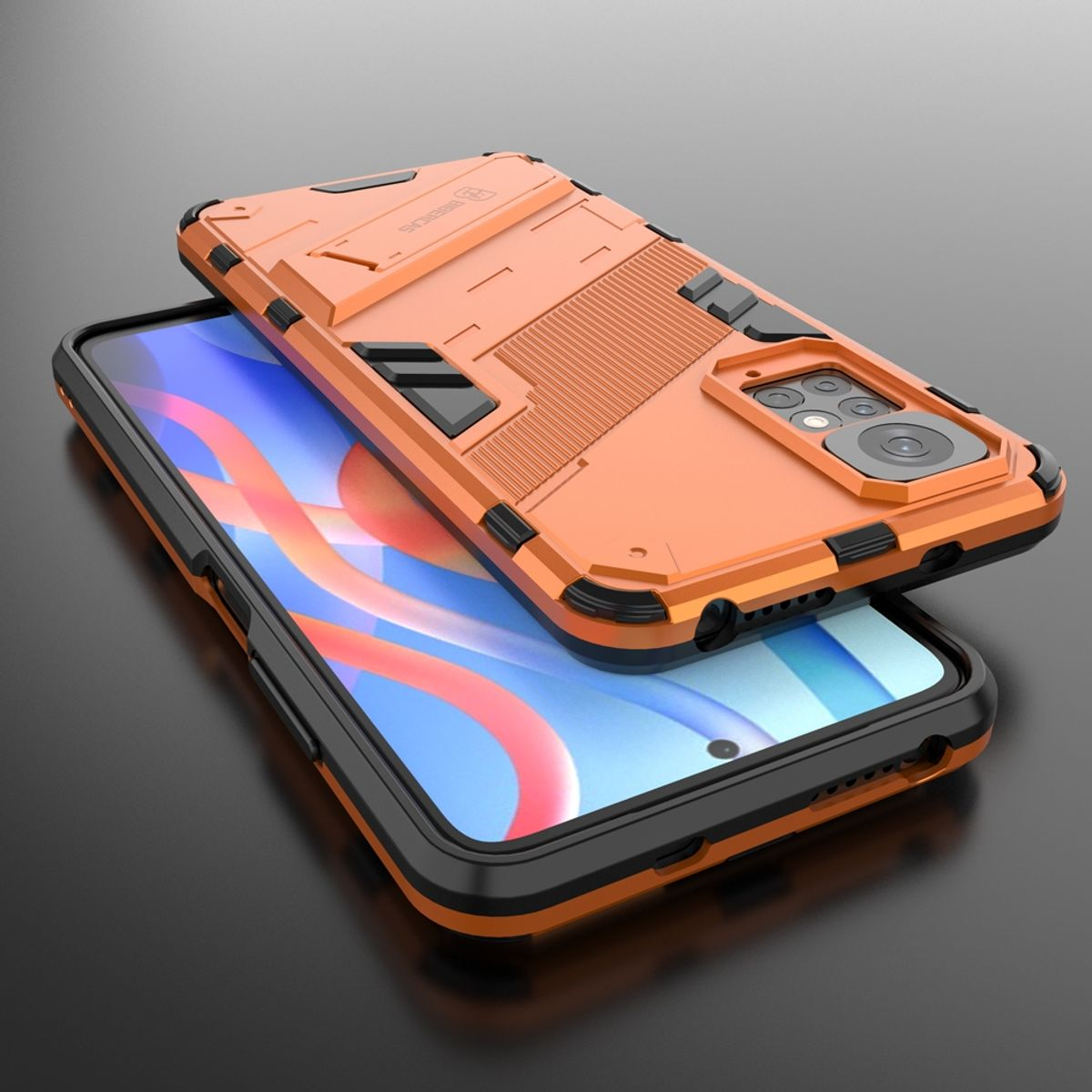 Orangene und schwarze Handyhülle, offen, auf schwarzer Oberfläche, mit Telefon.