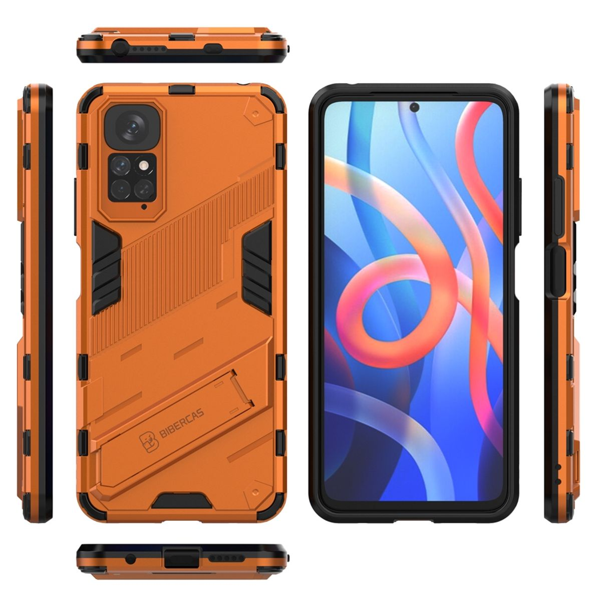Orange Handyhülle mit Telefon. Die Hülle hat ein robustes Design.