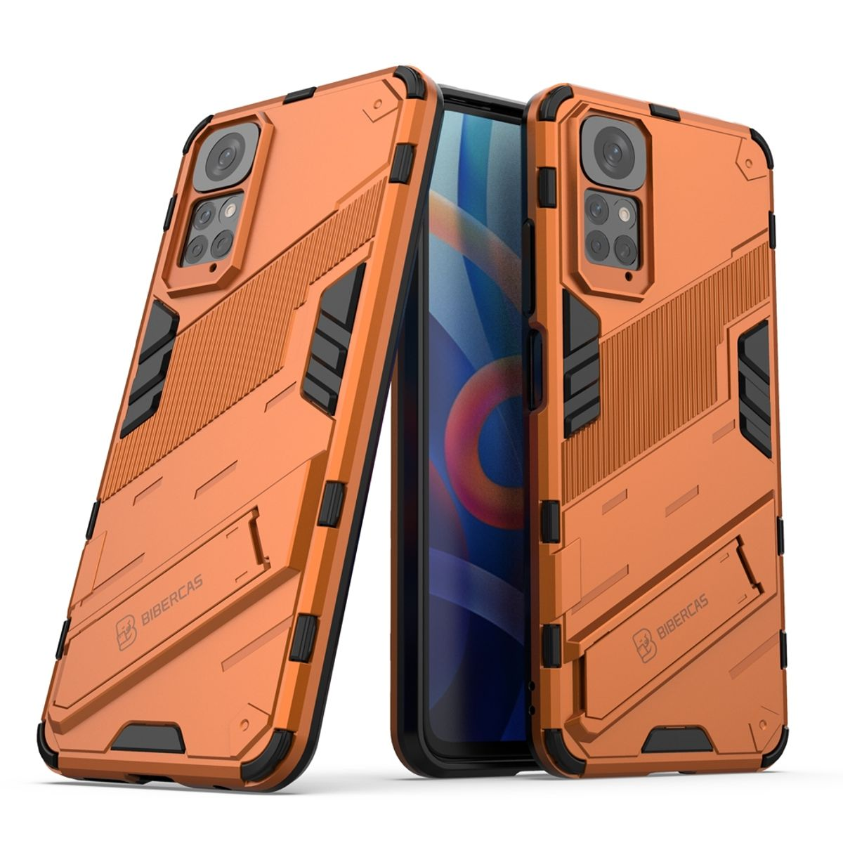 Zwei orangefarbene Handyhüllen, eine offen mit Telefon darin. Schwarze Akzente.