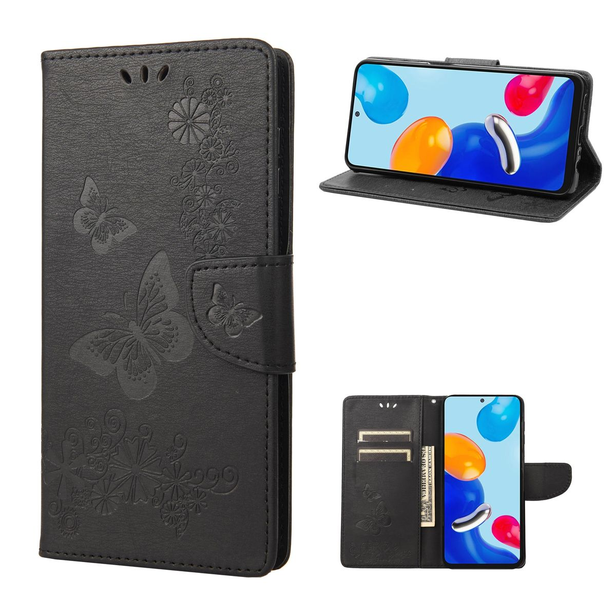 Schwarze Handyhülle mit Schmetterlingsdesign. Telefon innen. Zwei Kartenfächer, Geld.