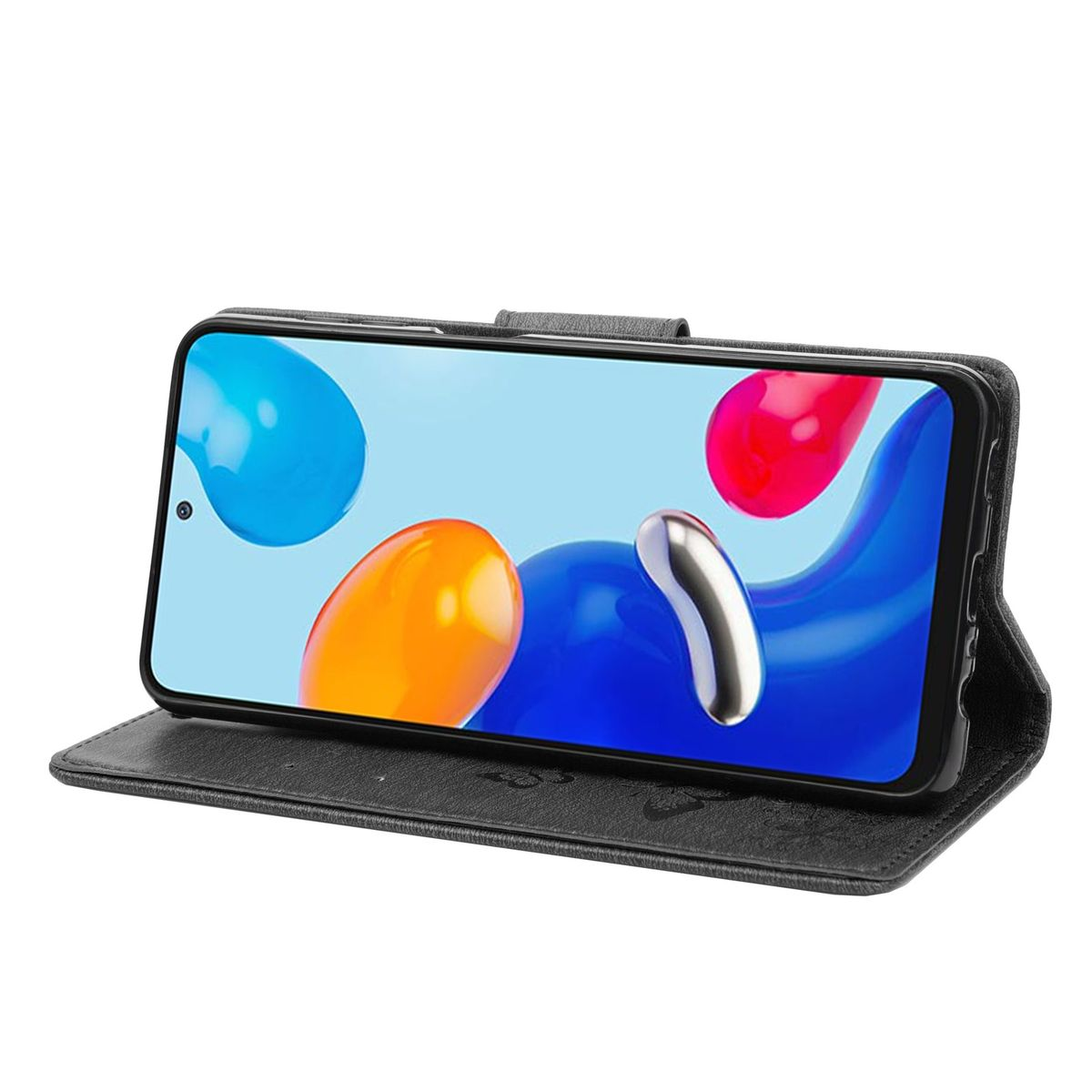 Schwarze Handyhülle geöffnet, zeigt ein Telefon mit farbenfrohem Hintergrund. Der Bildschirm ist sichtbar.