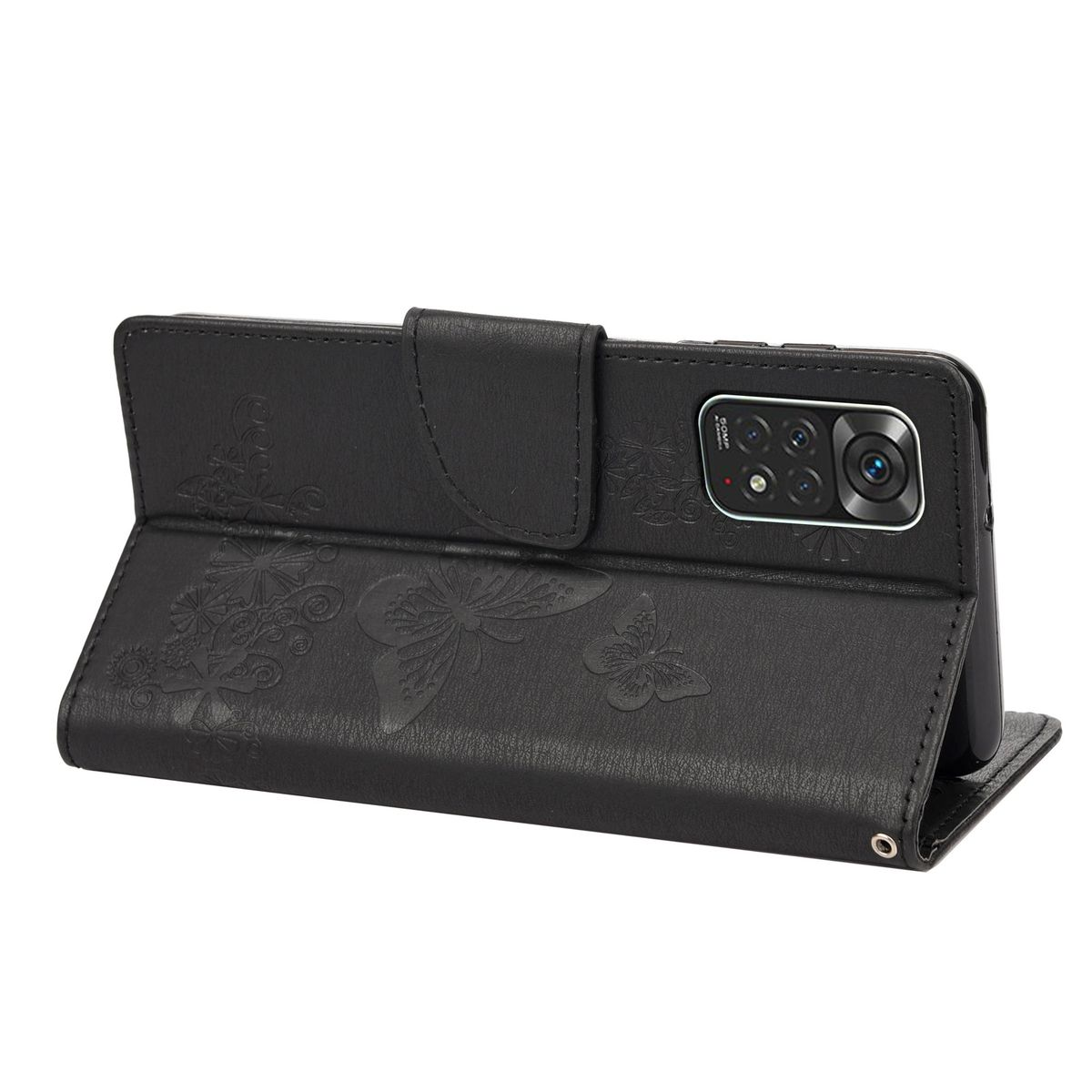 Eine schwarze Handyhülle mit einem Telefon im Inneren. Schmetterlinge sind auf der Hülle geätzt.