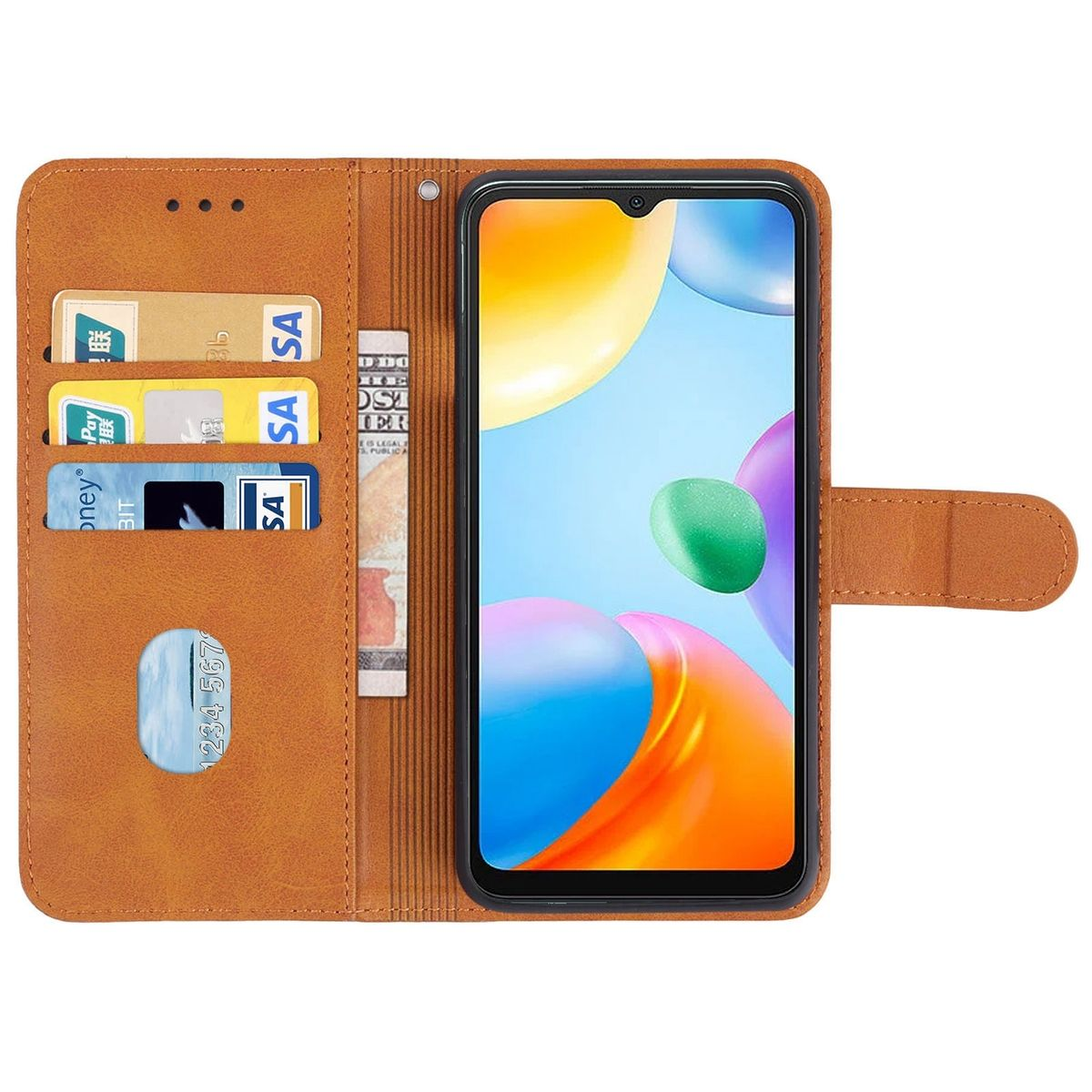 Braune Handyhülle mit einem Telefon darin. Kreditkartenfächer sichtbar.