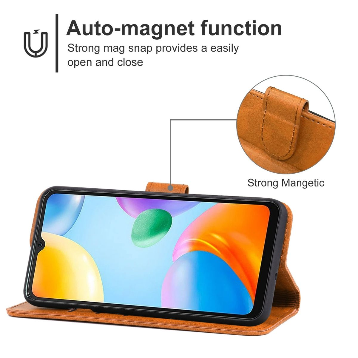 Telefon in brauner Brieftasche. Text sagt 'Auto-Magnet-Funktion' und 'Strong Mangetic'.
