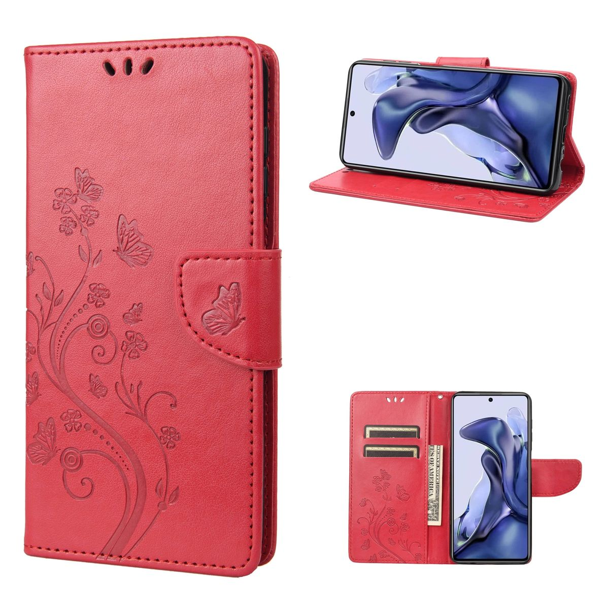 Rote Handyhülle mit Blumenmuster, Schmetterling und Telefon.