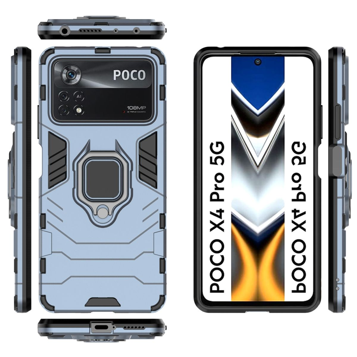 Eine Handyhülle mit blauem und grauem Design. Text POCO X4 Pro 5G ist sichtbar.