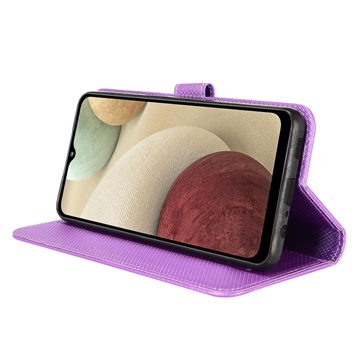 Lila Handyhülle mit Telefon. Das Telefon zeigt ein farbenfrohes Bild.