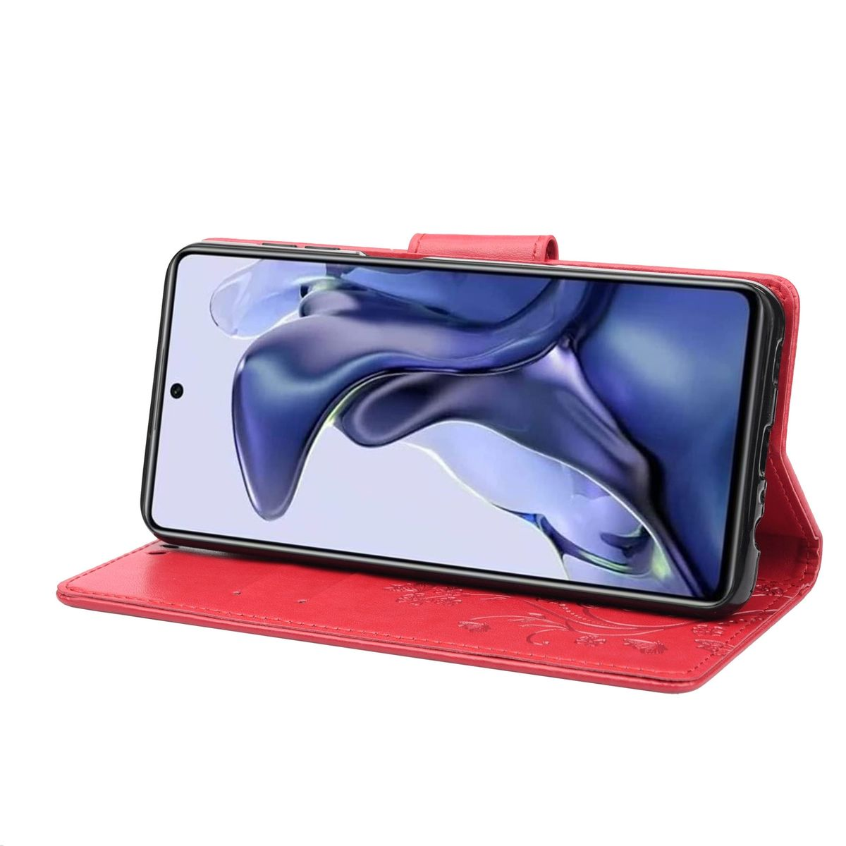 Rote Handyhülle offen, mit Telefon darin, das ein Blumendesign zeigt.