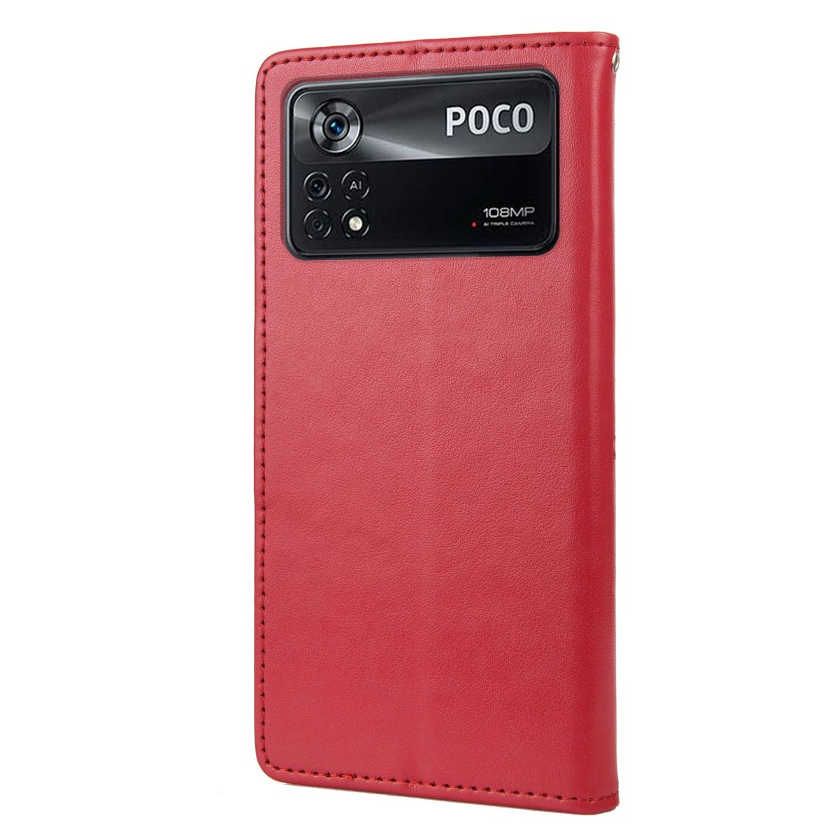 Rote Handyhülle mit Telefon. Schwarzes Kamera-Array und POCO-Logo. Offen, mit roter Außenseite. Weißer Hintergrund.