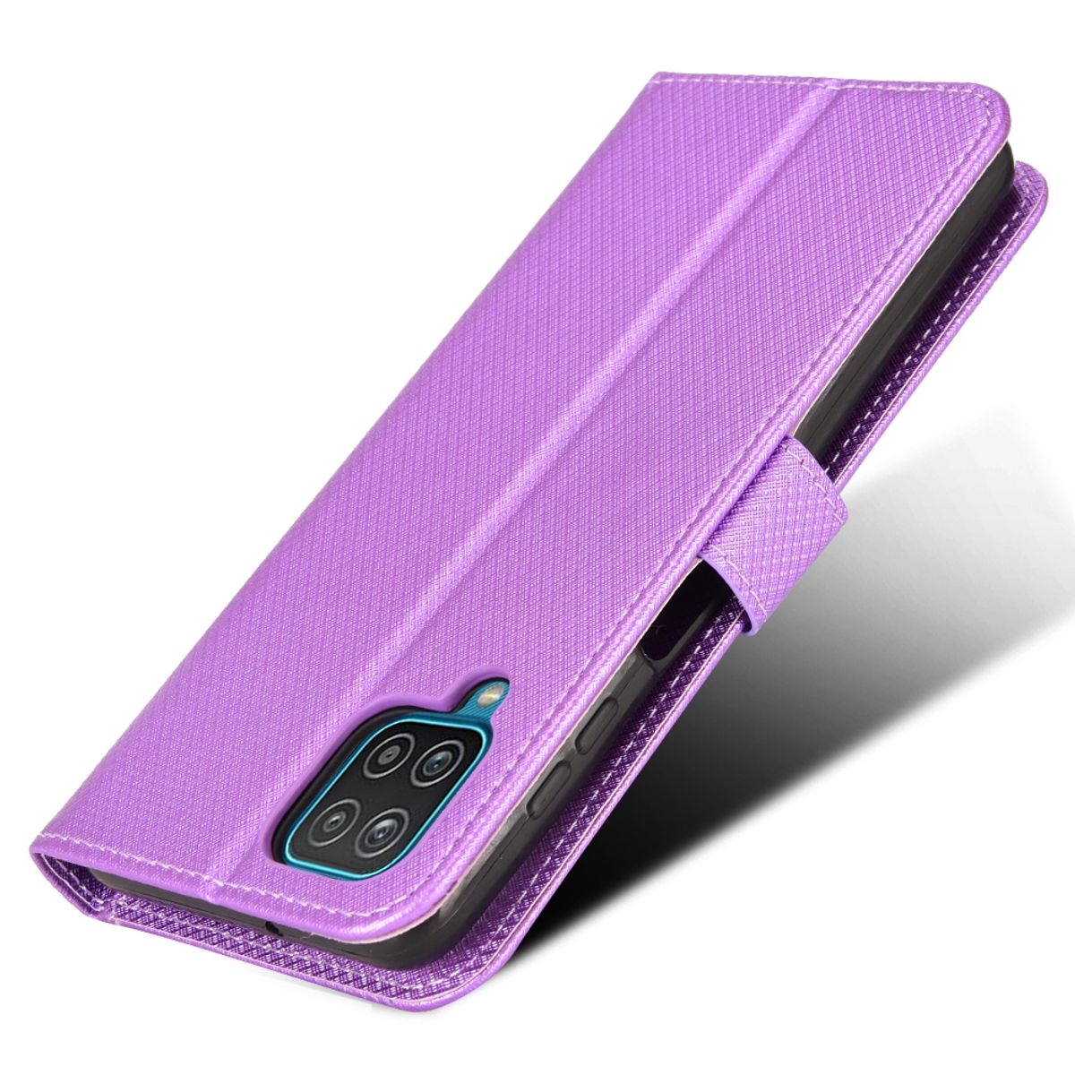 Eine lila Handyhülle wird mit dem Telefon darin gezeigt. Sie hat eine strukturierte Oberfläche und einen Verschluss.