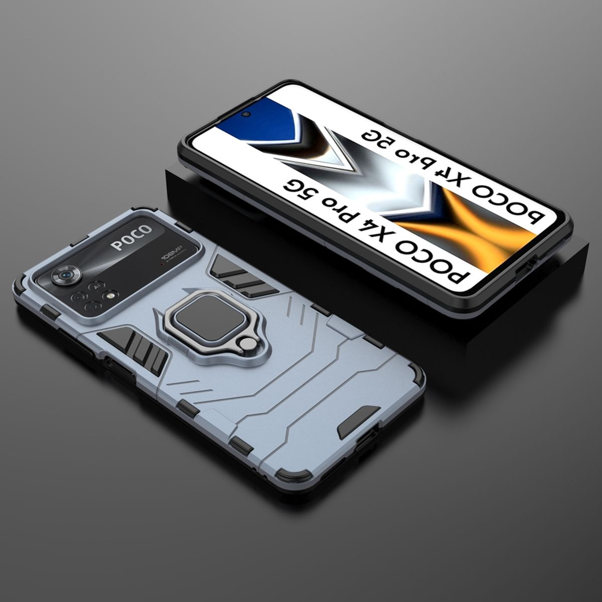 Zwei graue Handyhüllen. Eine hat einen Ständer, die andere zeigt den Bildschirm mit 'POCO X4 Pro 5G'.