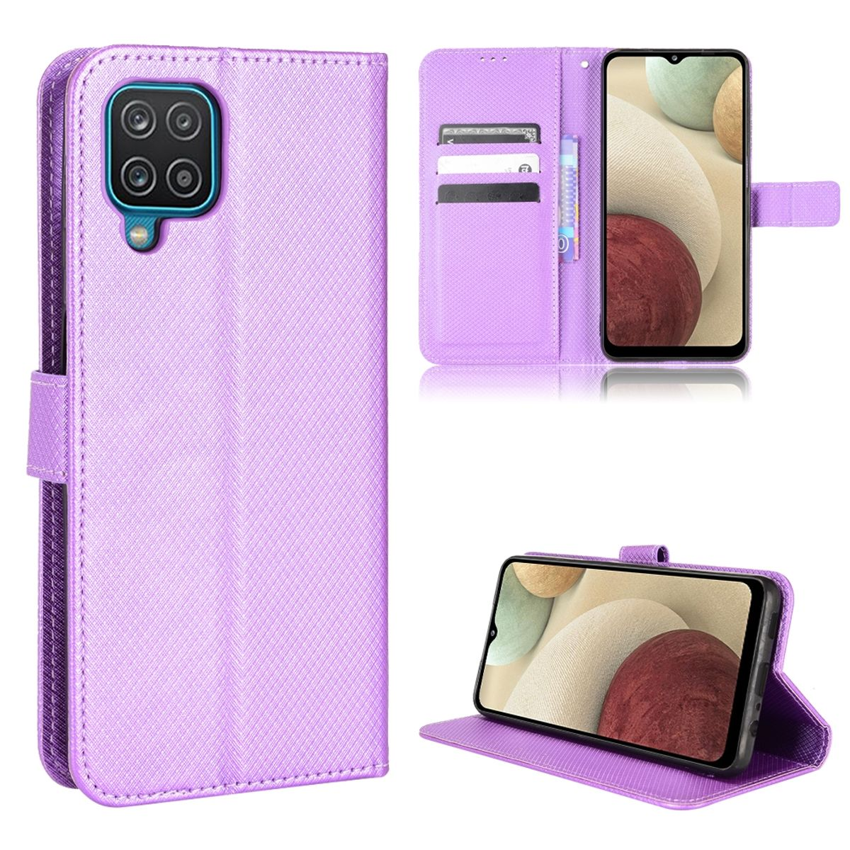 Lila Handyhülle mit Telefon. Das Gehäuse ist offen, mit Karten und einem Telefon.