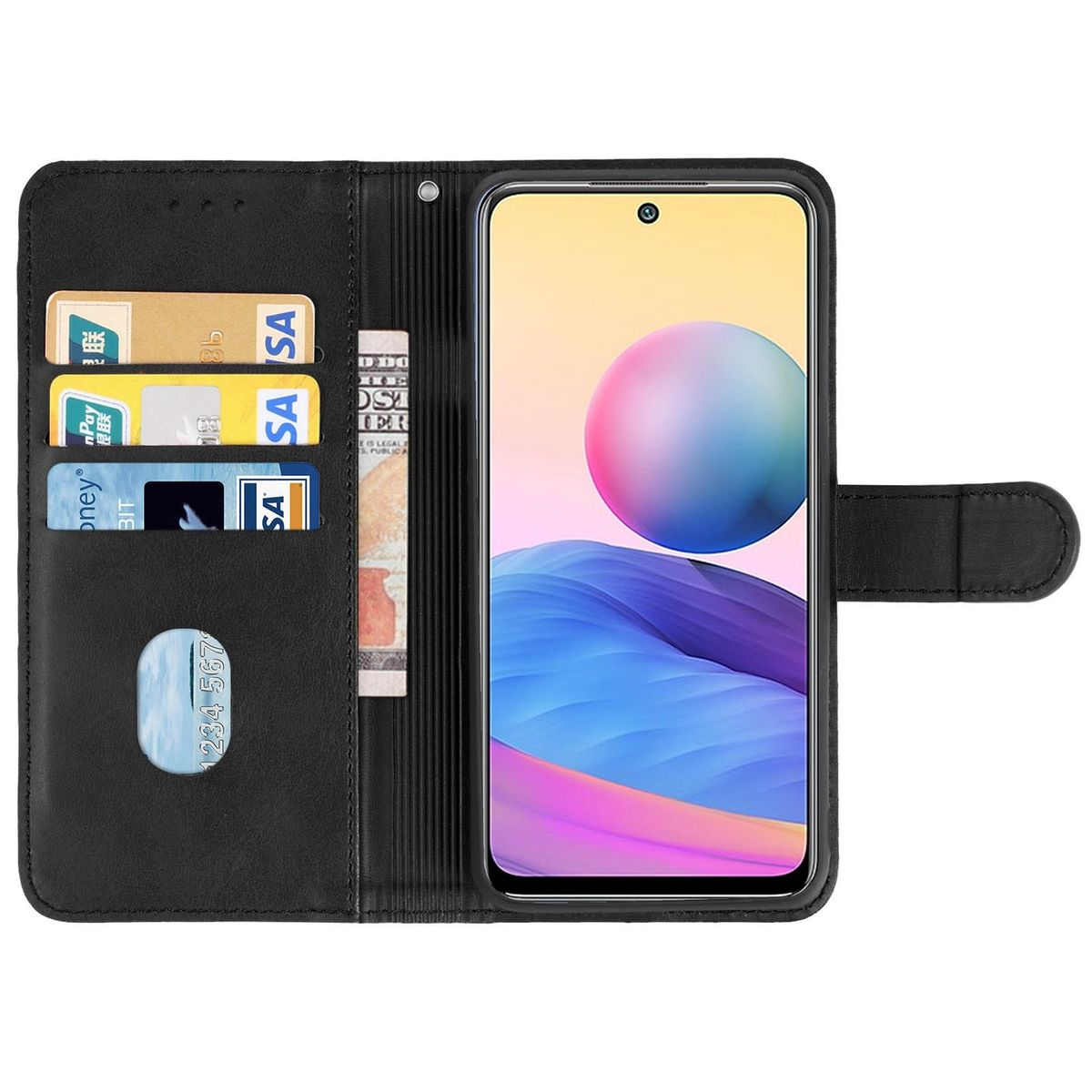 Geöffnete schwarze Handyhülle mit Kreditkarten und einem Telefon, das das Display zeigt.