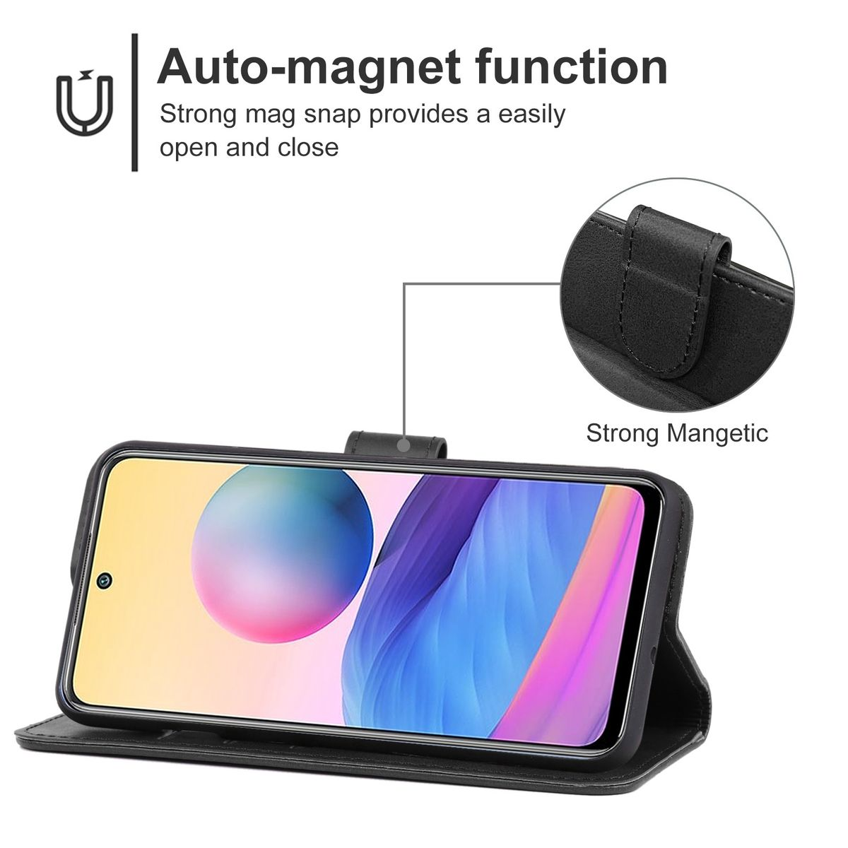 Schwarze Handyhülle offen, mit Telefon und Text 'Auto-Magnetfunktion'.