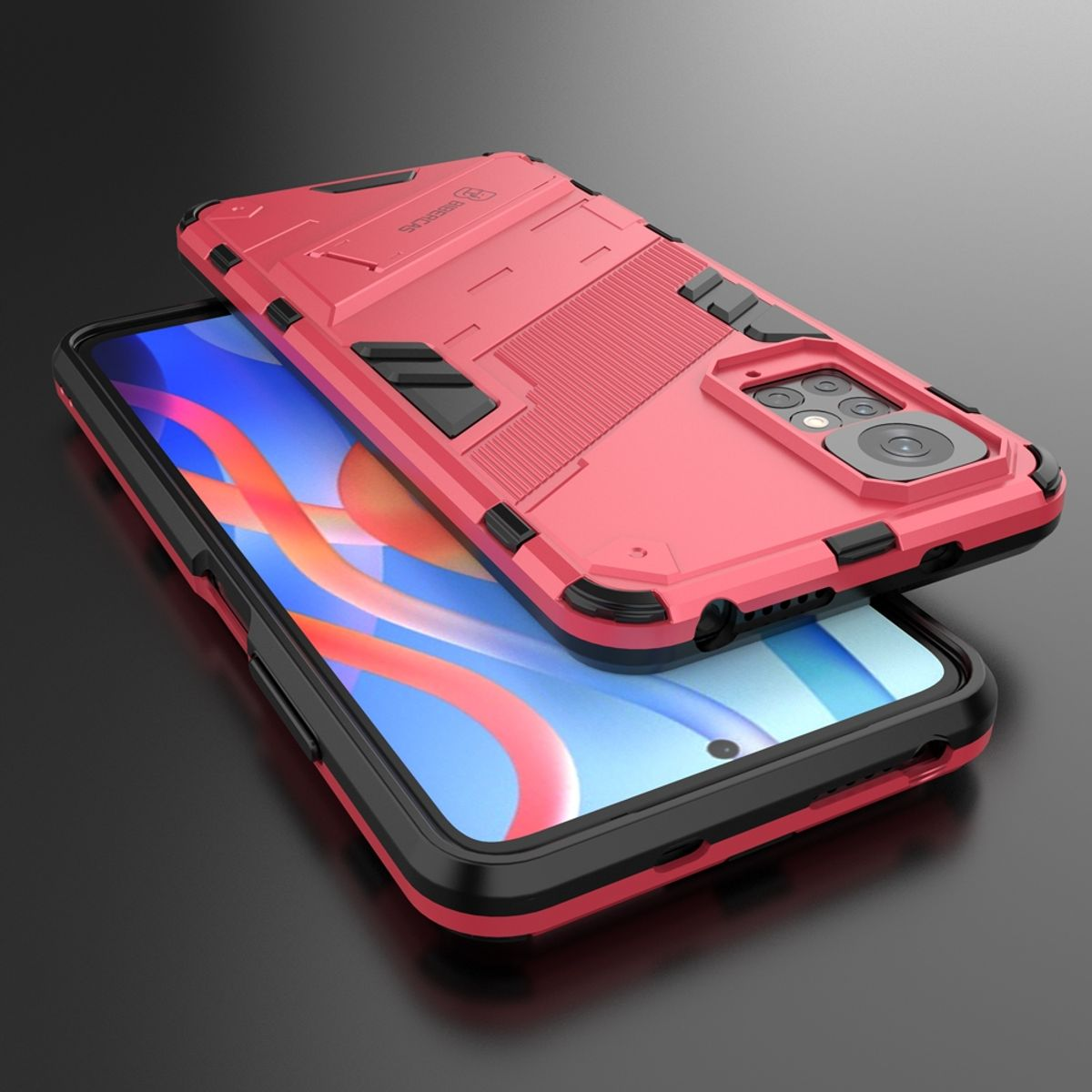 Rote und schwarze Handyhülle auf Telefon. Hülle hat Ständer. Telefon ist schwarz.