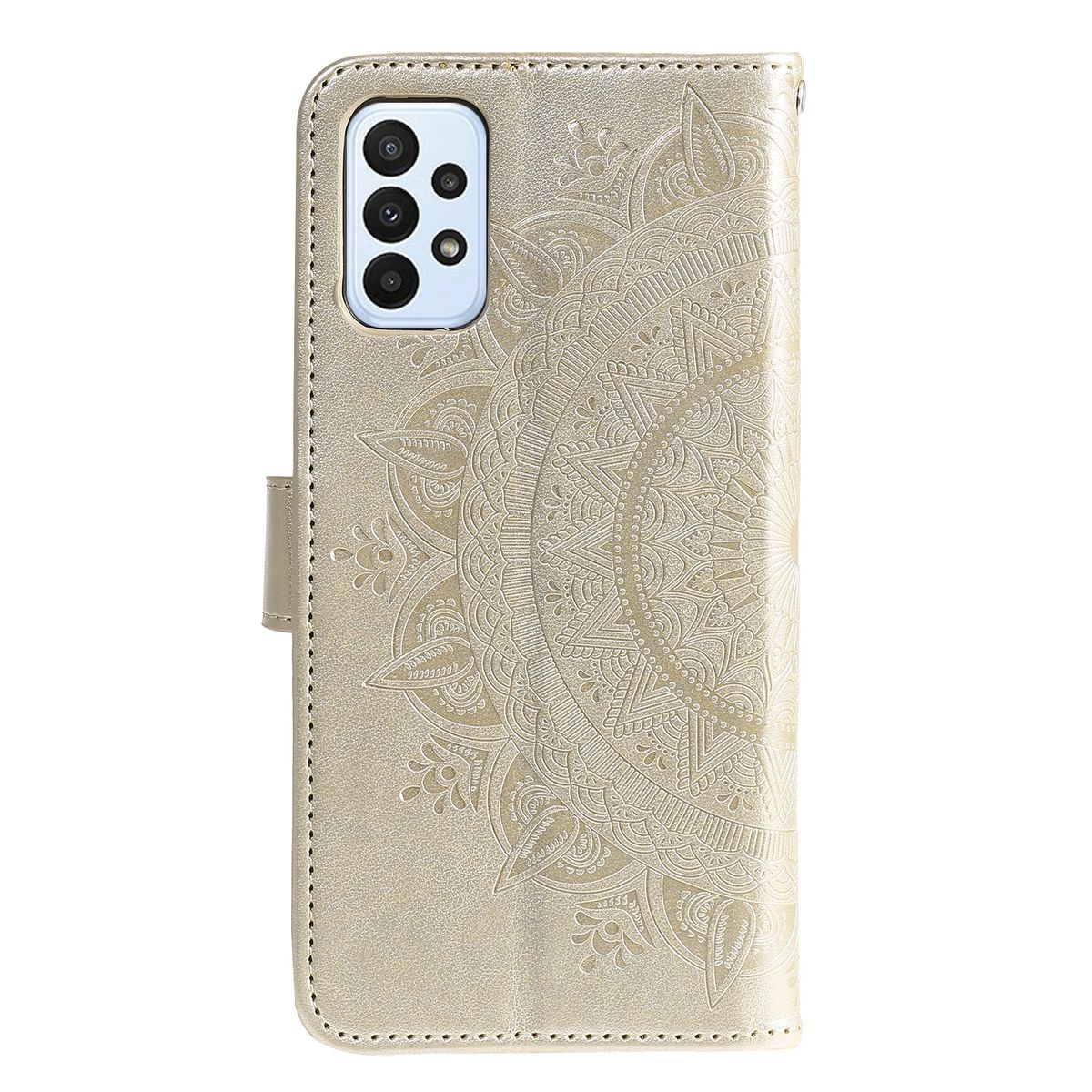 Goldene Handyhülle mit Mandala-Design auf der Rückseite.