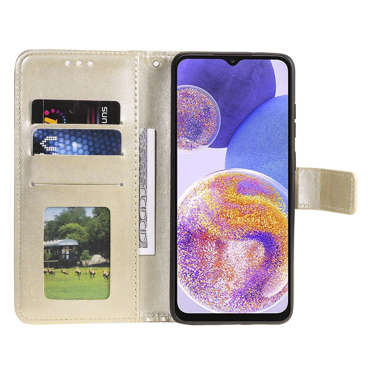 Goldene Handyhülle mit Kartenfächern, zeigt Karten und ein Telefon mit farbenfroher Anzeige.